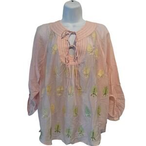 HP! NWT Roberta Freymann Alza Embroidered Pink & Gold Cotton Silk Blouse M $195